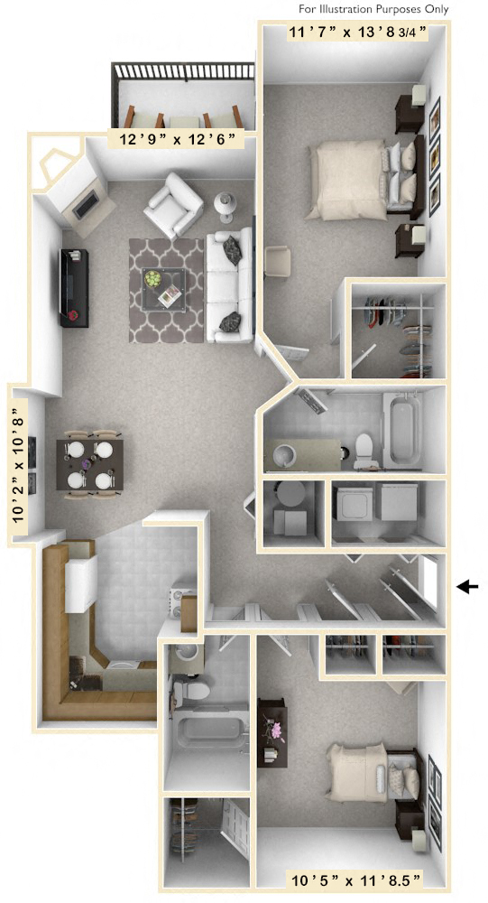 Floor plan for 2 beds, 2 baths, 1046 sqft